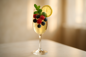 Elegant alkoholfritt bubbel i glas med bär och citrus för festliga tillfällen