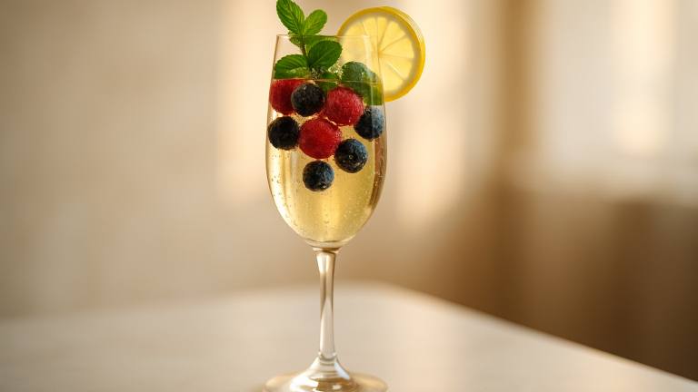 Elegant alkoholfritt bubbel i glas med bär och citrus för festliga tillfällen