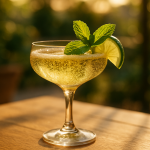 Elegant sommar-cocktail med champagne och fläder på solig altan