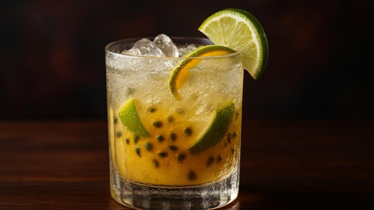 Passionfruit Caipirinha Royale—en exotisk och elegant sommarfavorit att njuta av.