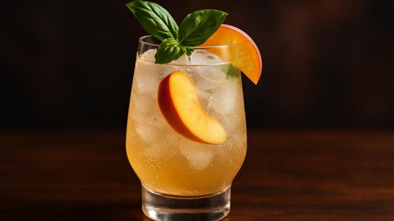 Peach & Basil Prosecco Smash – en frisk och uppfriskande sommarfavorit.